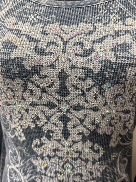 Daytrip Blue Thermal Top Lace Back Rhinestone Long Sleeve Boho Medium - Picture 3 of 9